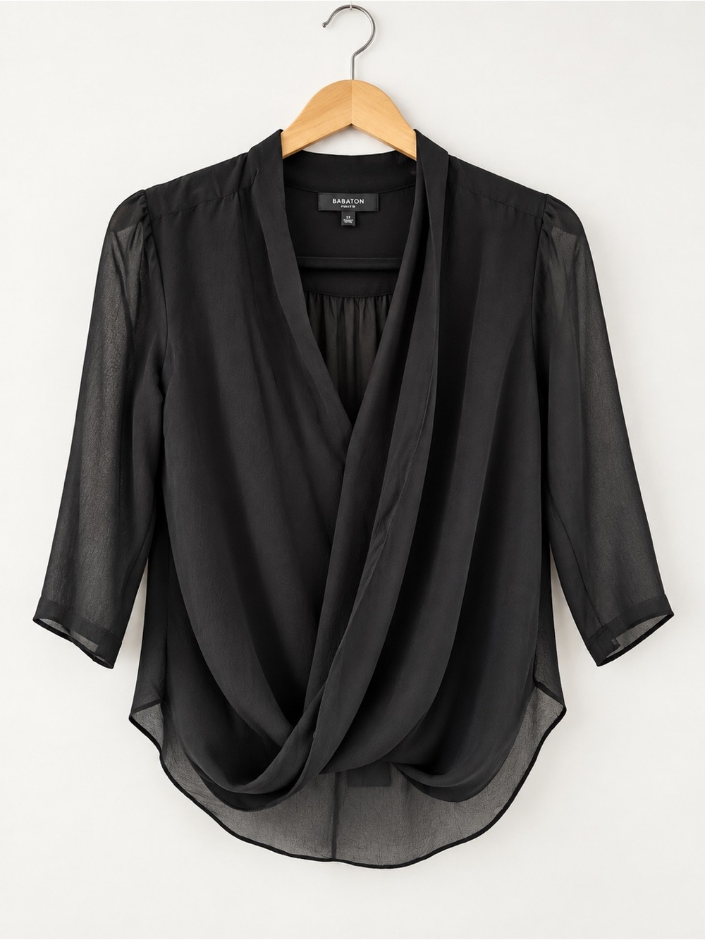Babaton 100% silk Black Draped Crossover Blouse